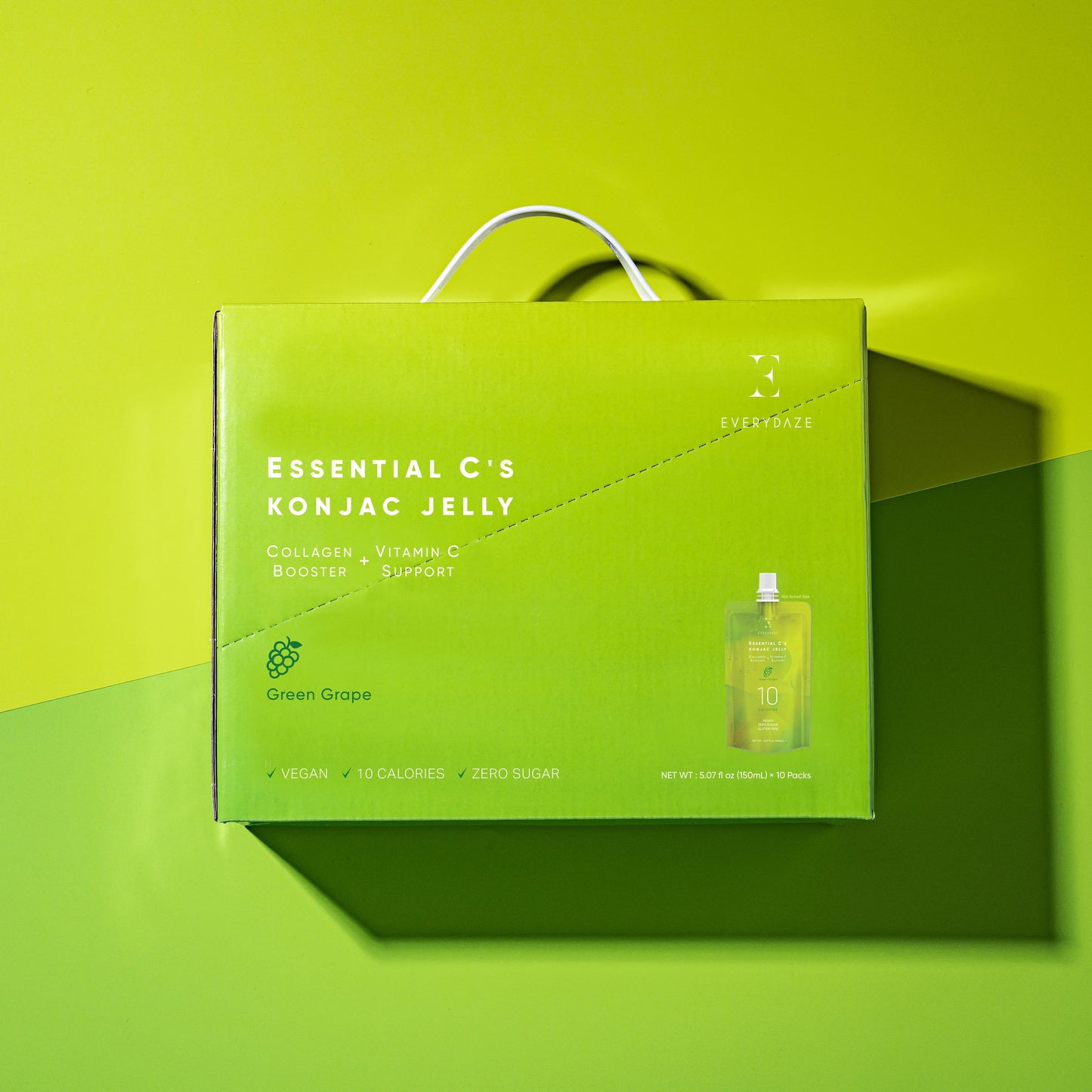 Zelena škatla z 10 veganskimi konjak želeji z okusom zelenega grozdja, kolagenom in vitaminom C