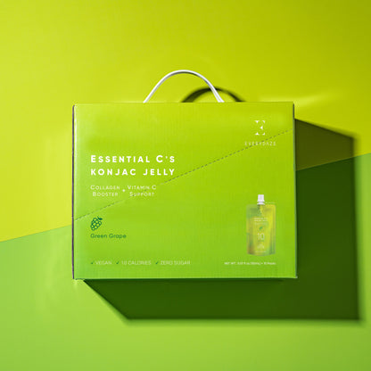 Zelena škatla z 10 veganskimi konjak želeji z okusom zelenega grozdja, kolagenom in vitaminom C